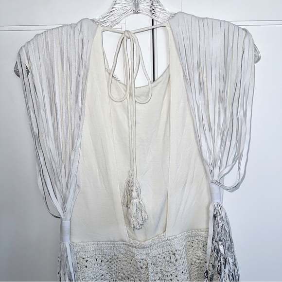 Free People Electric Crochet White Romper Boho Suede/Leather Fringe Medium - Picture 7 of 16
